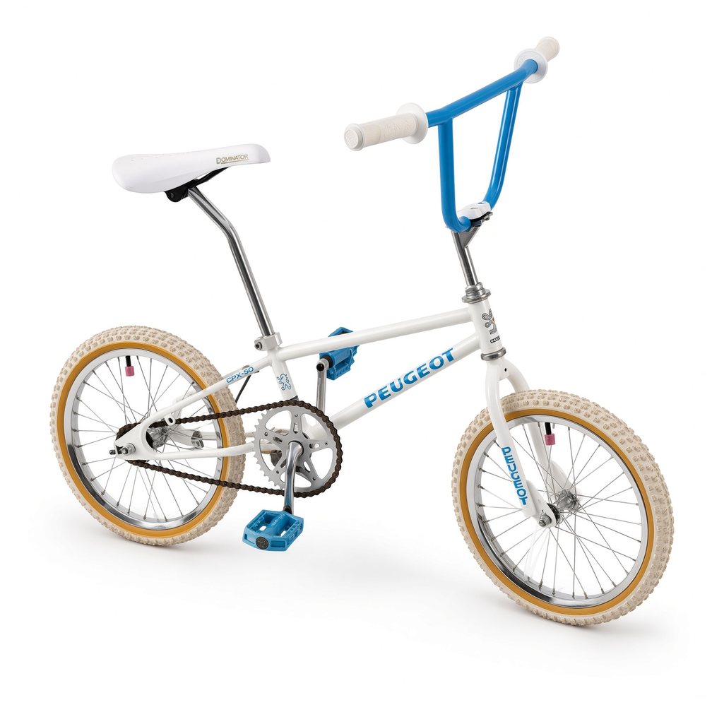 White and blue 16 inch pit bike with tall bars and tan wall tires, real bike photographed on a plain background