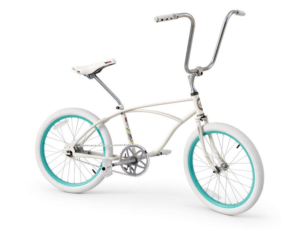 Tall-bar cruiser conversion — white frame, teal wheels, ape hanger bars