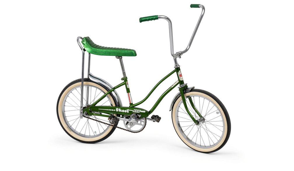 1970 Rollfast Skoot 666 muscle bike in candy green with sparkle banana seat, photographed against a plain background
